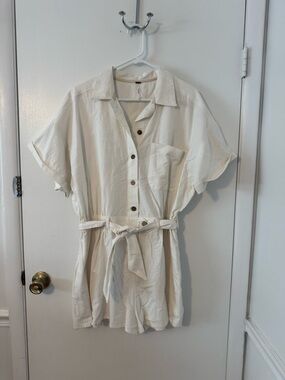 Free People Cream Button-Front Short Sleeve Romper